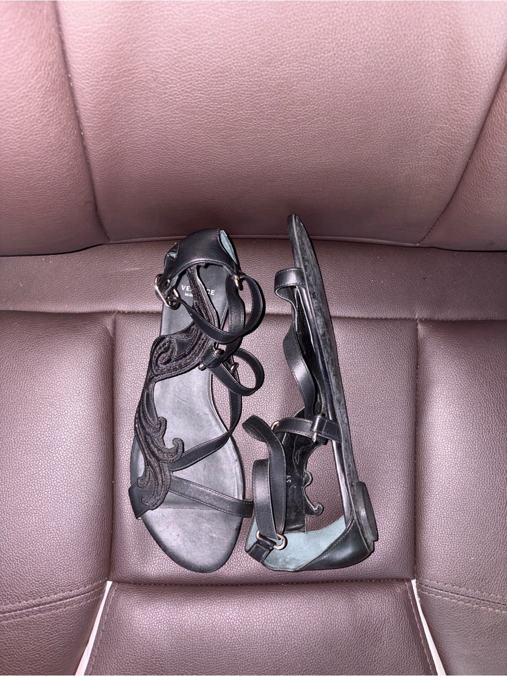 Versace Black Embroidered Leather Strappy Sandals